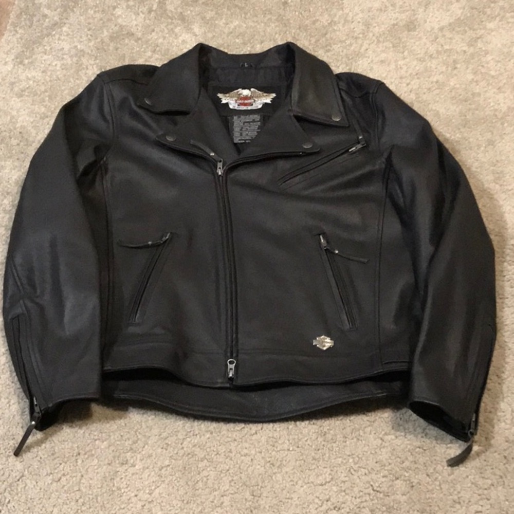 Men’s Harley Davidson black pebble leather biker bomber jacket - L